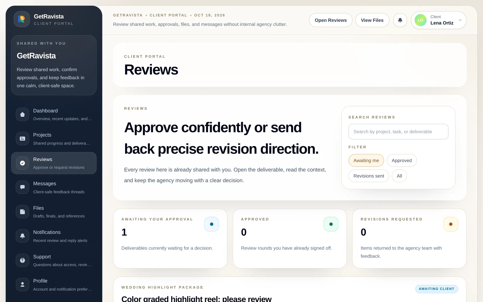 Client portal review screen where a client approves a deliverable or requests changes